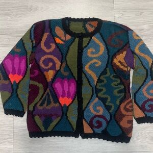 Vintage Abstract Knit Cardigan Colorful Tapestry Sweater Boho  Indie s/m